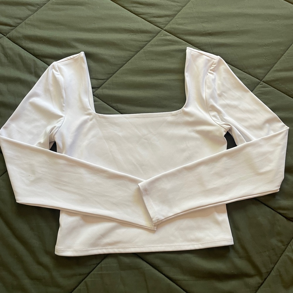 SOLD - Express White Long Sleeve Square Neck Body Contour Crop Top Double Lined